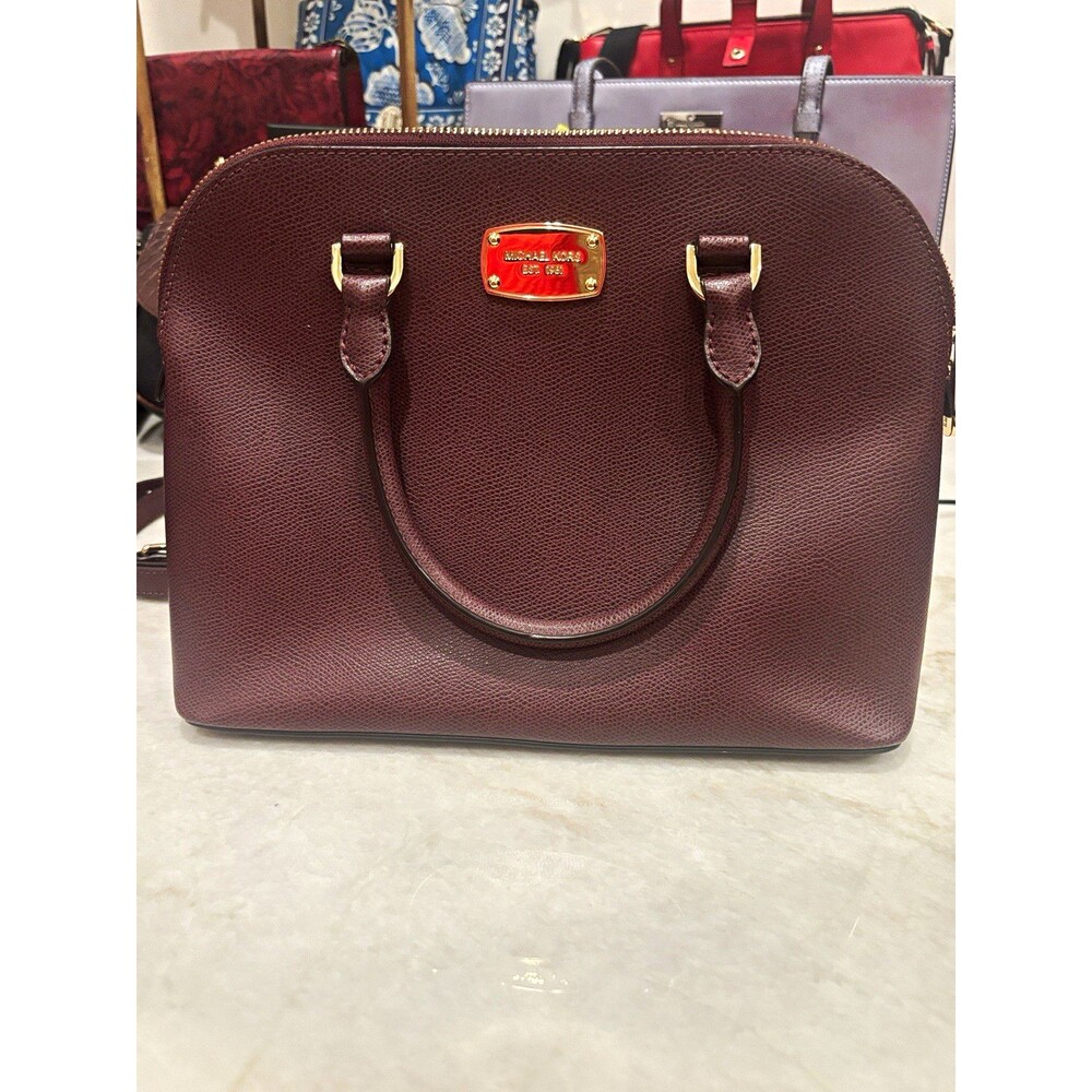 Michael Kors Burgundy Pebbled Satchel Top Handle Zip Detachable Strap Gold